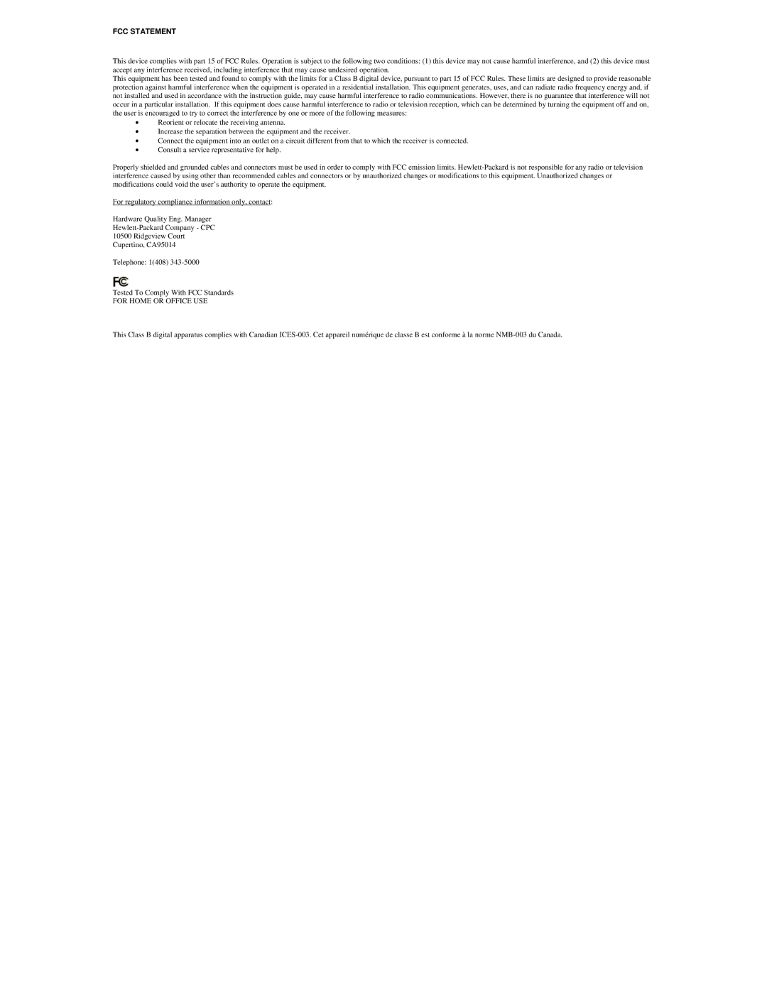 HP P2358AA manual FCC Statement 