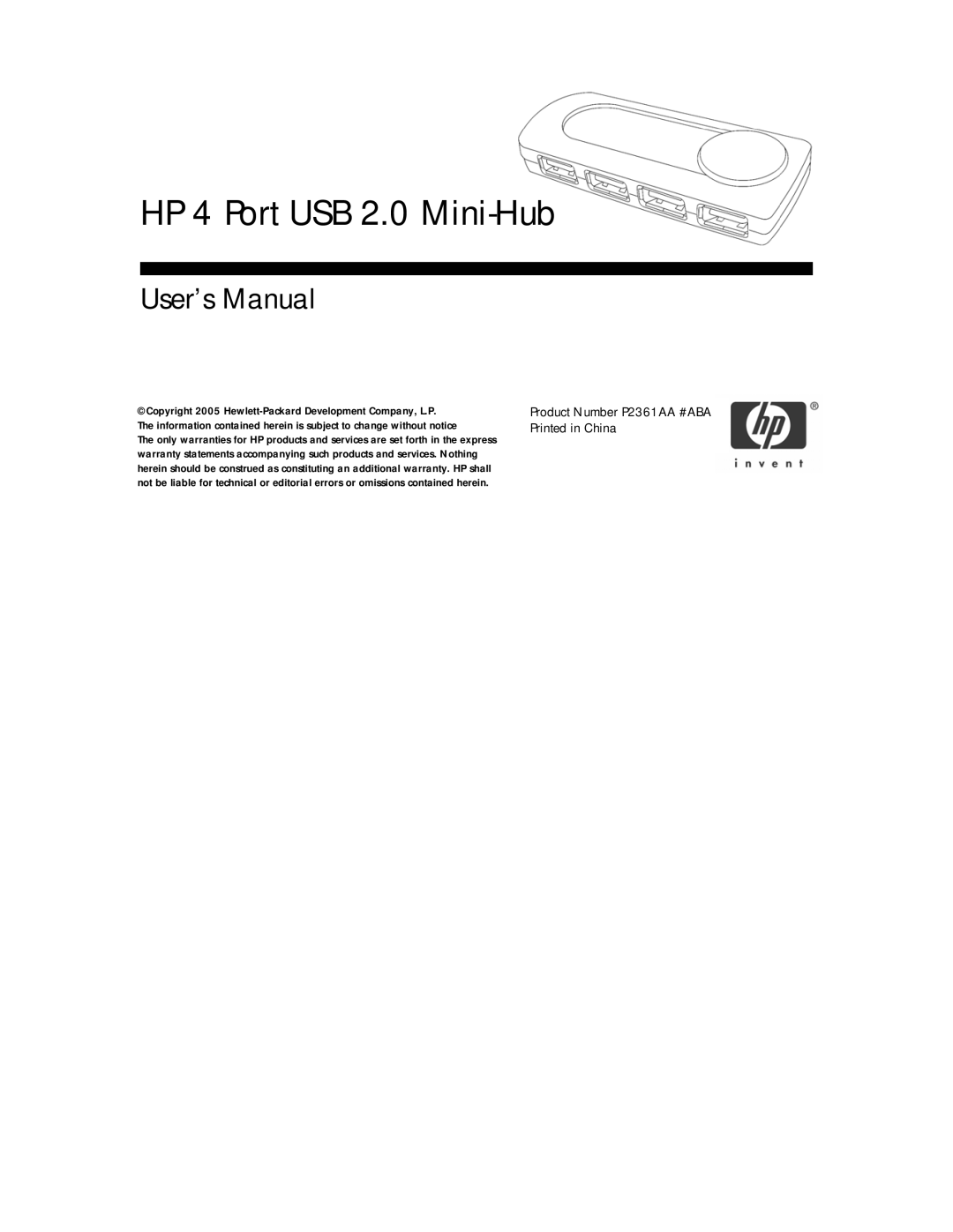 HP P2361AA #ABA manual HP 4 Port USB 2.0 Mini-Hub 