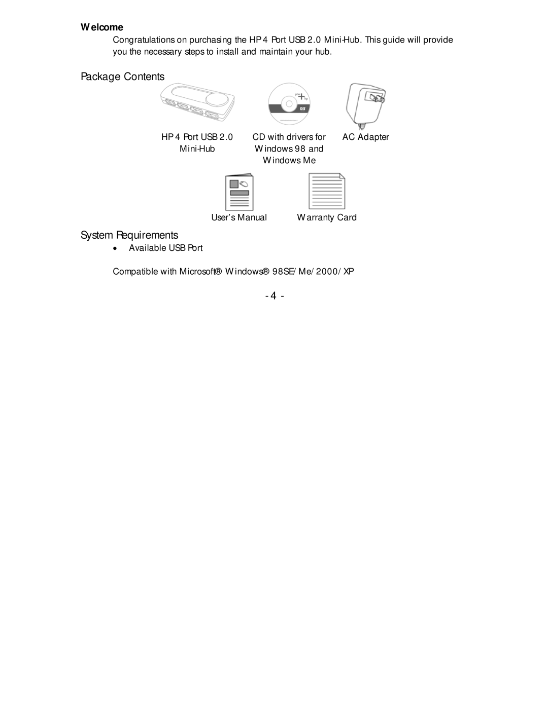 HP P2361AA #ABA manual Welcome, Package Contents, System Requirements 