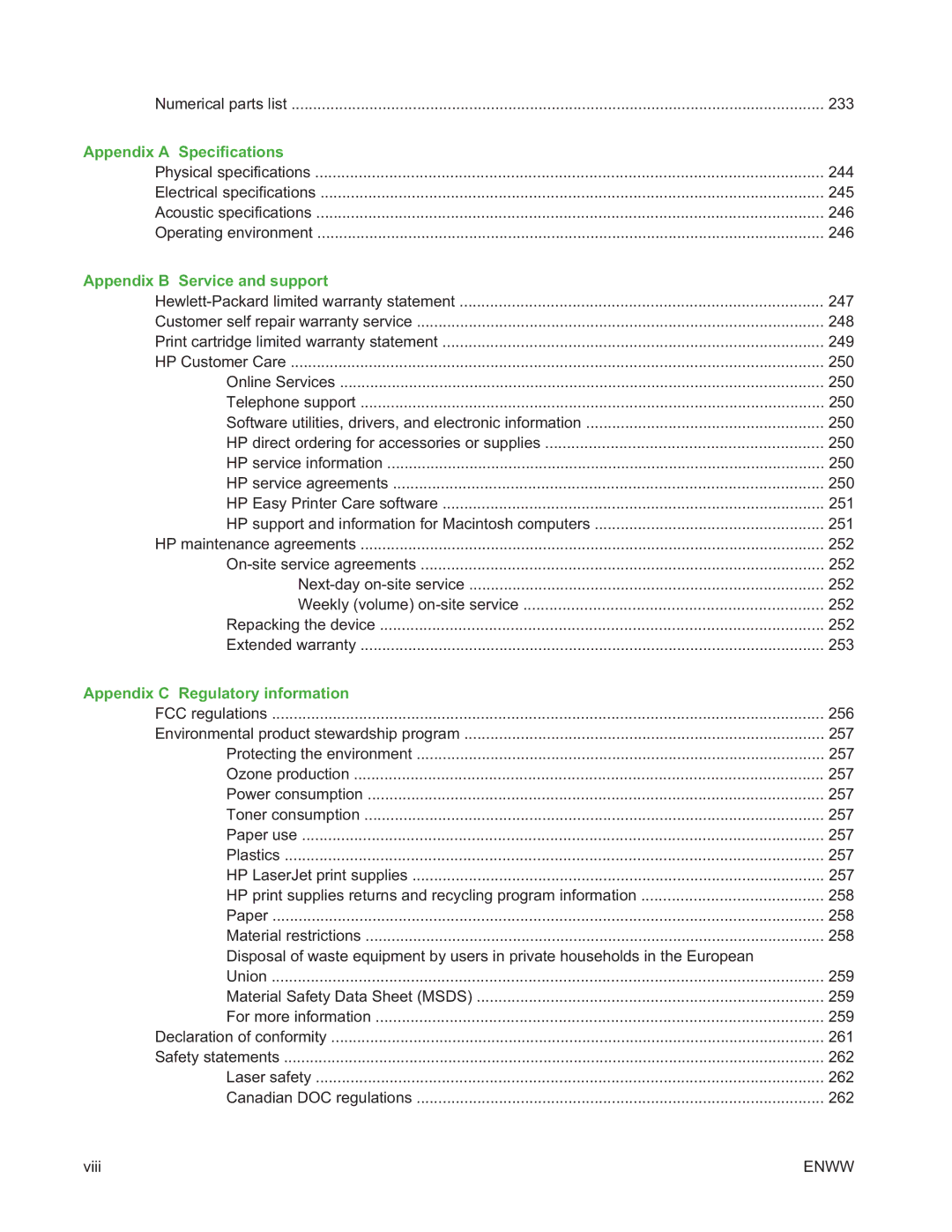 HP P3005 manual Appendix a Specifications, Appendix B Service and support, Appendix C Regulatory information 