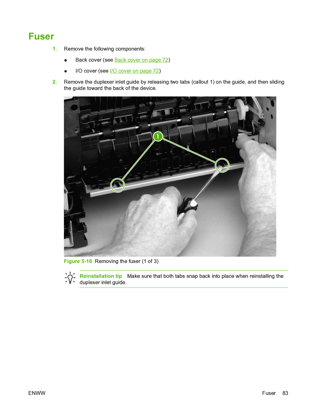 HP P3005 manual Fuser, Back cover see Back cover on Cover see I/O cover on 