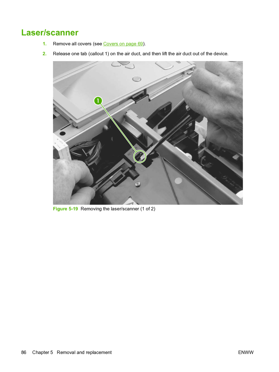 HP P3005 manual Laser/scanner, 19Removing the laser/scanner 1 Removal and replacement 