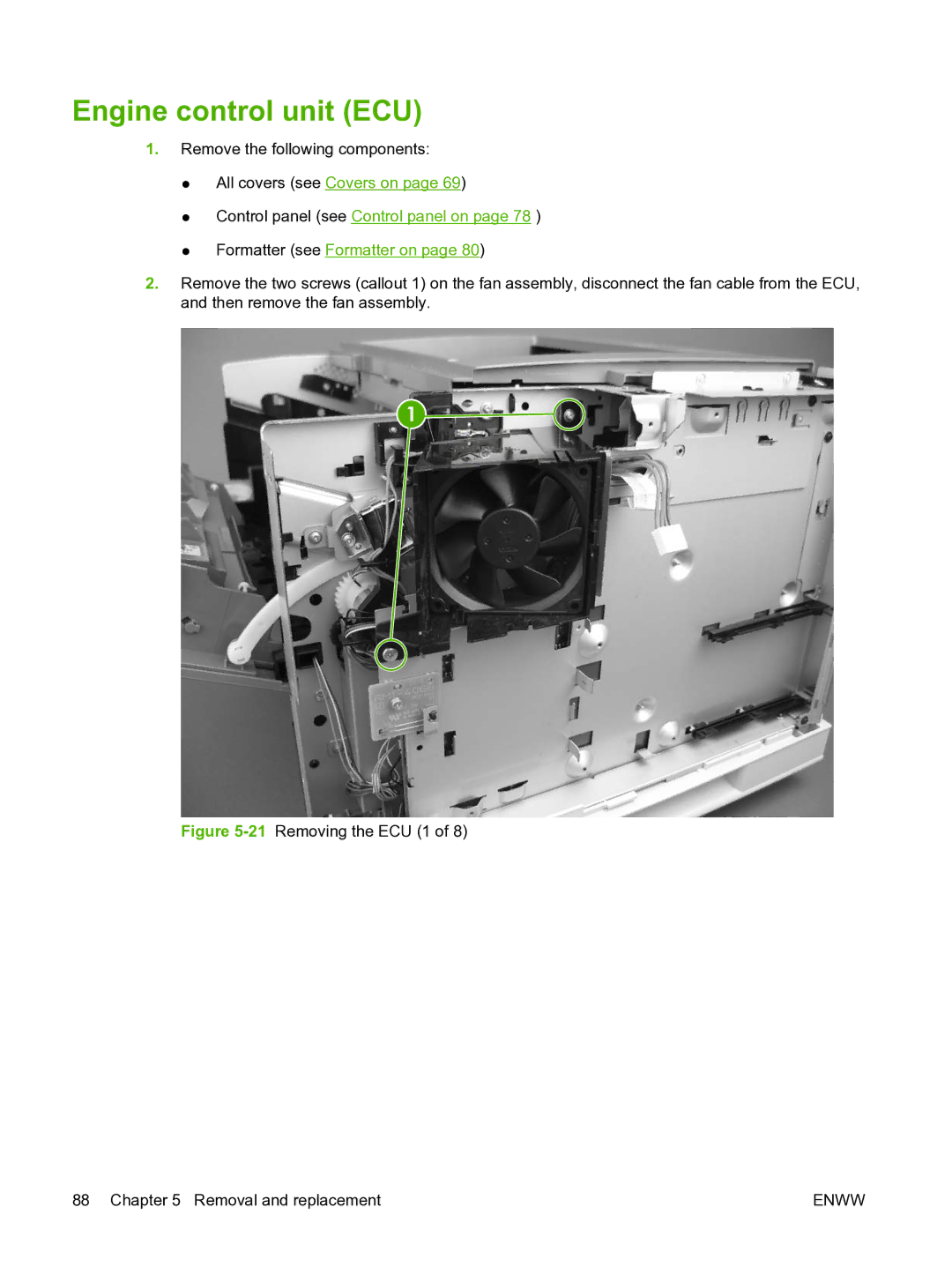 HP P3005 manual Engine control unit ECU, 21Removing the ECU 1 Removal and replacement 