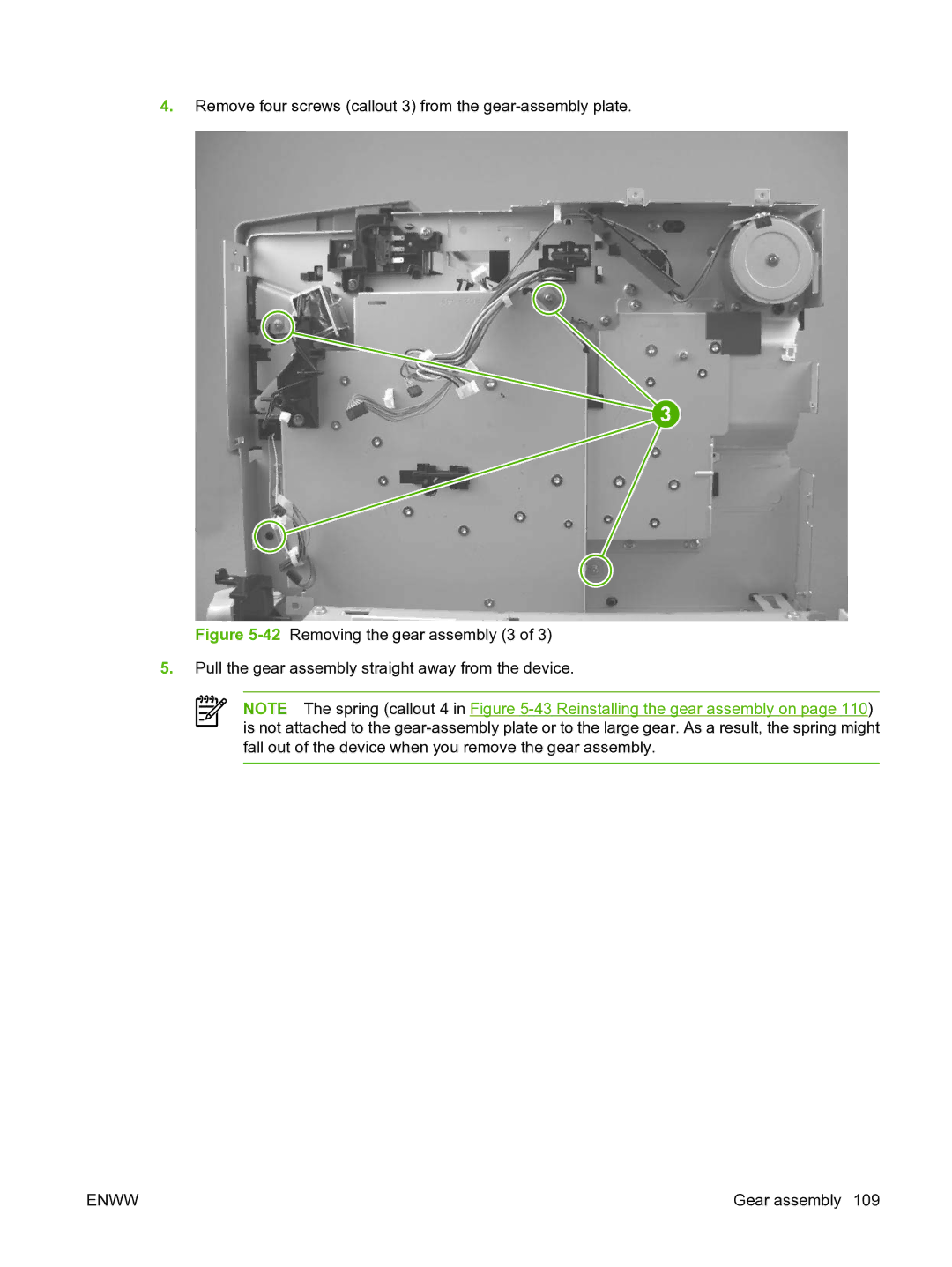 HP P3005 manual Remove four screws callout 3 from the gear-assembly plate 