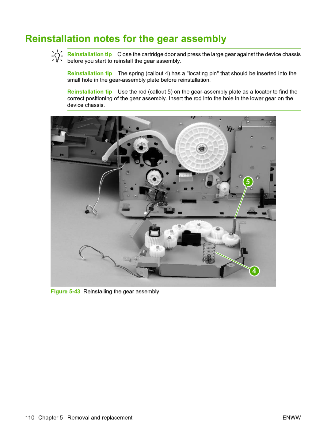 HP P3005 manual Reinstallation notes for the gear assembly, 43Reinstalling the gear assembly Removal and replacement 