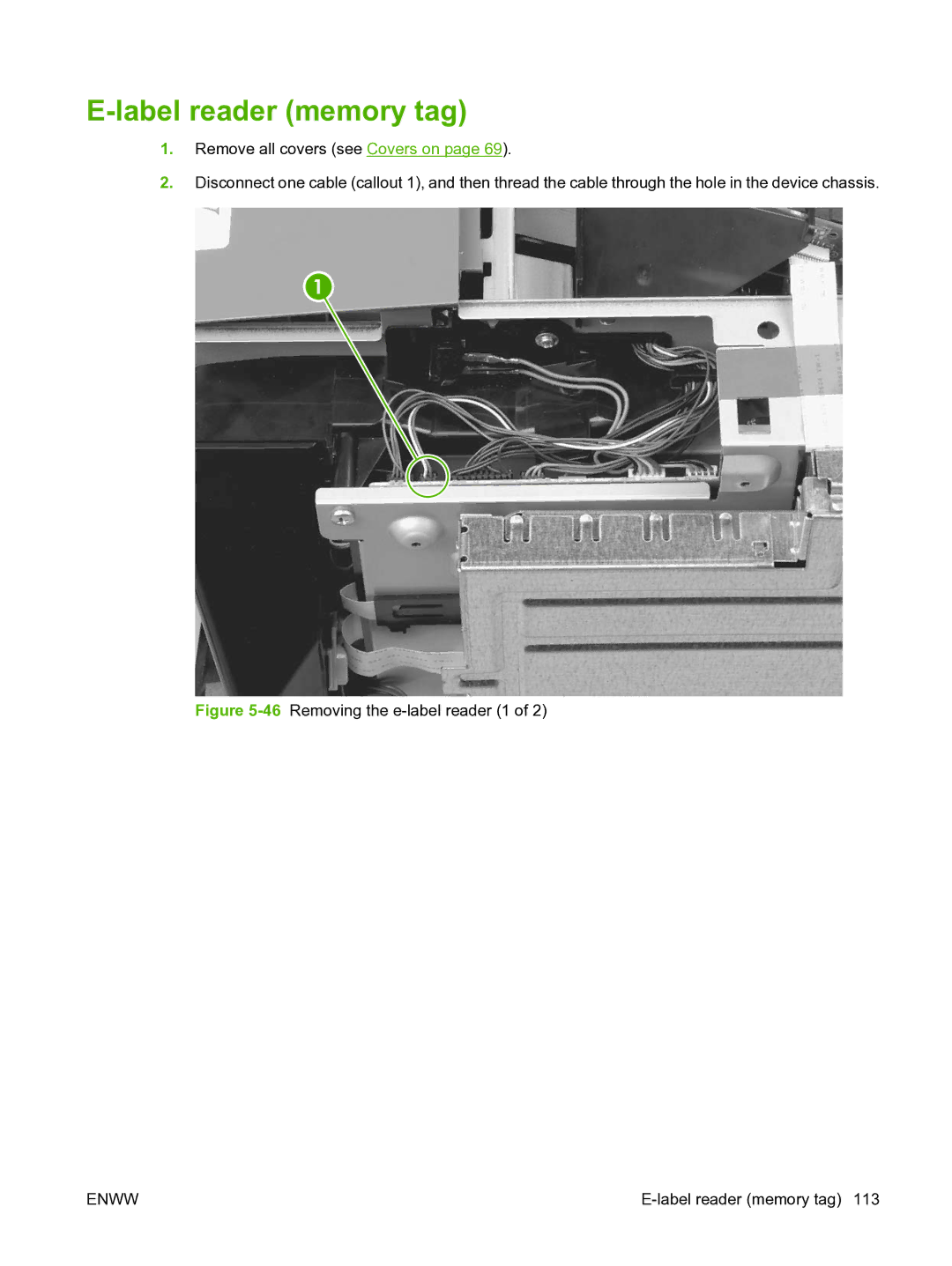 HP P3005 manual Label reader memory tag, 46Removing the e-label reader 1 