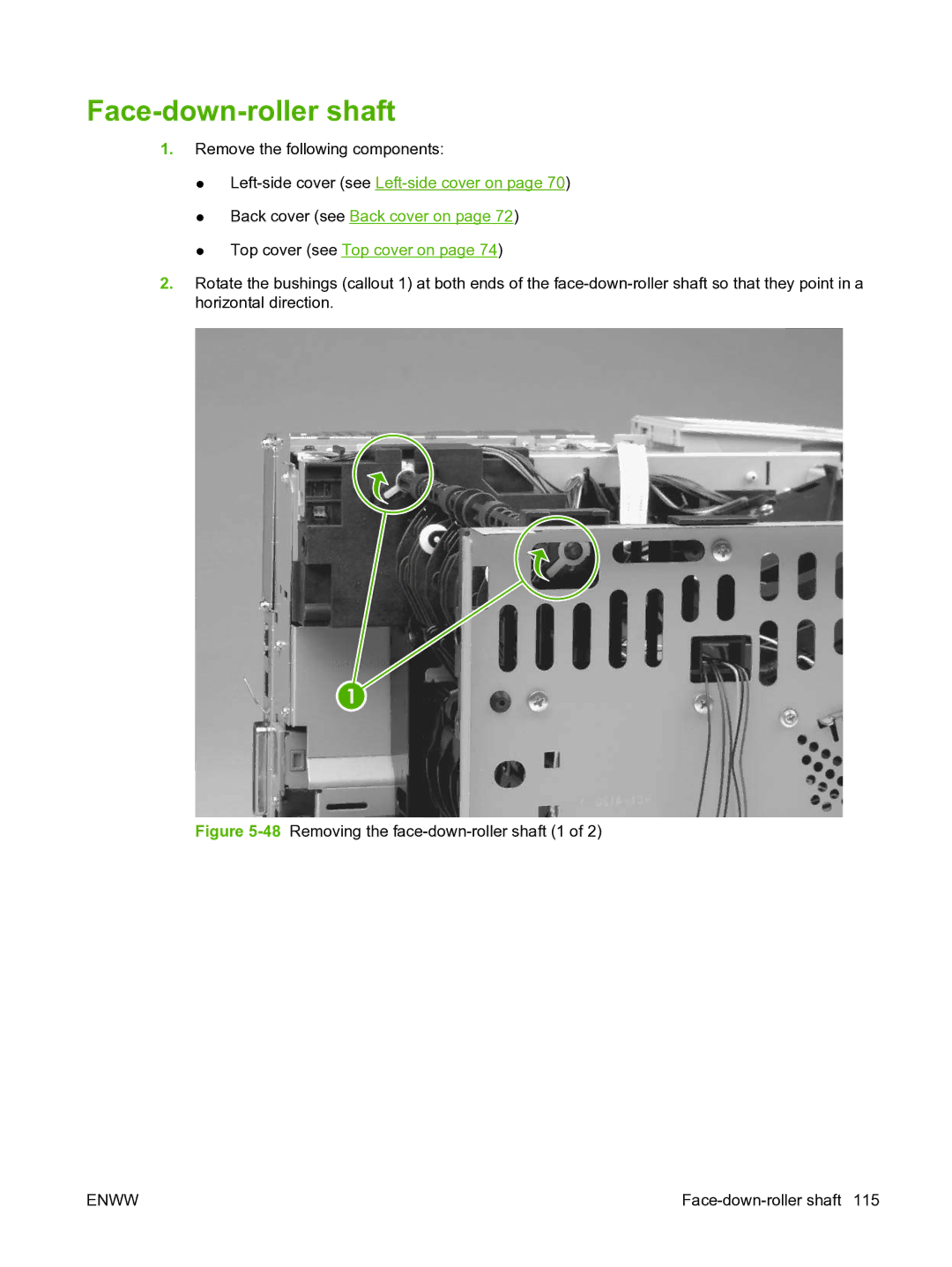 HP P3005 manual Face-down-roller shaft, 48Removing the face-down-roller shaft 1 