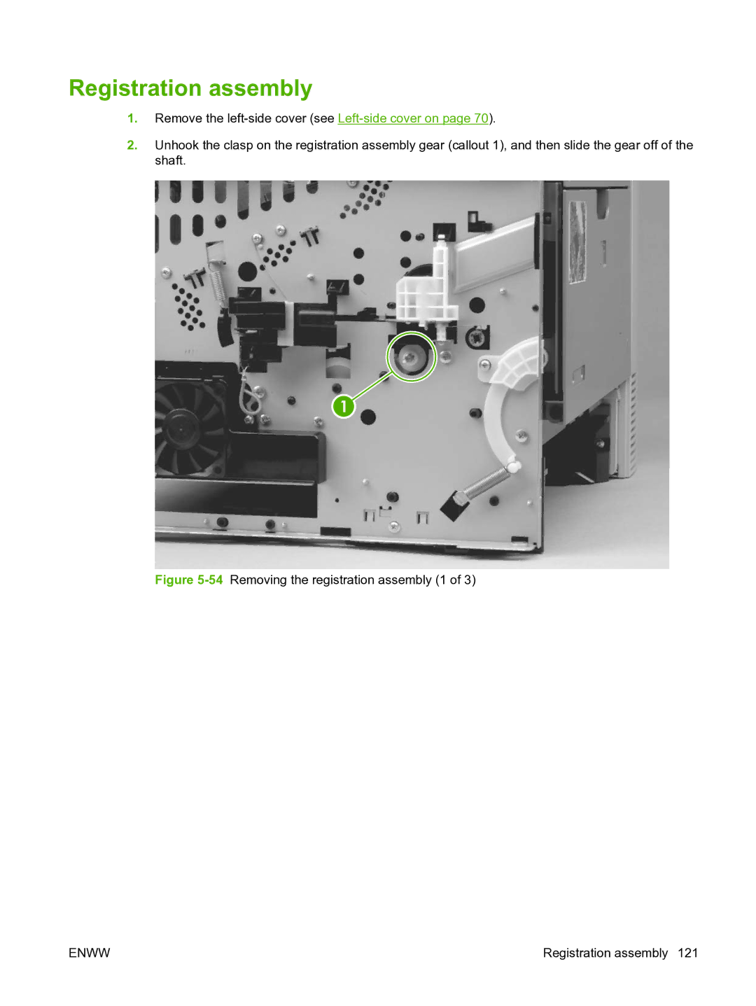 HP P3005 manual Registration assembly, 54Removing the registration assembly 1 