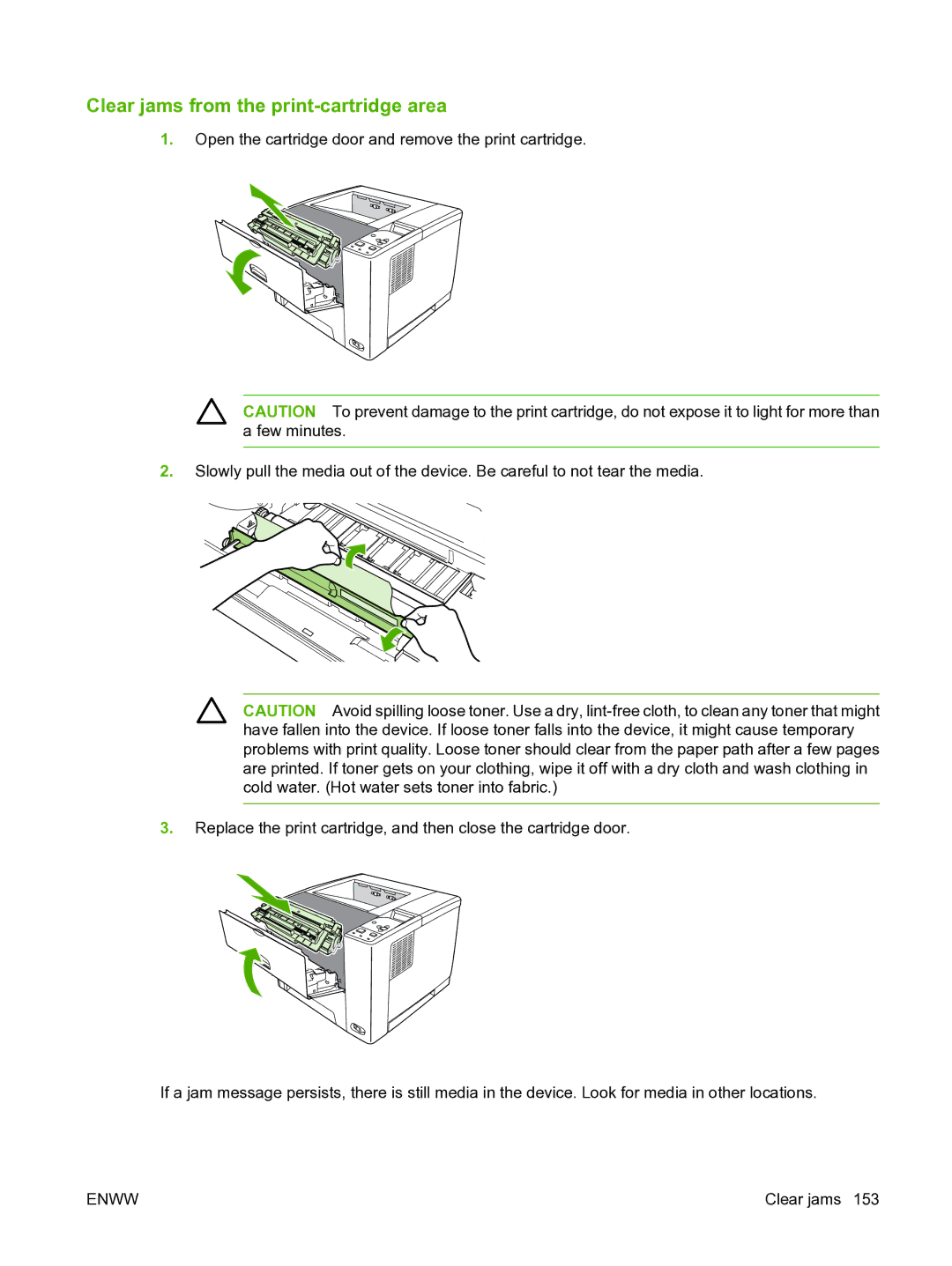 HP P3005 manual Clear jams from the print-cartridge area 