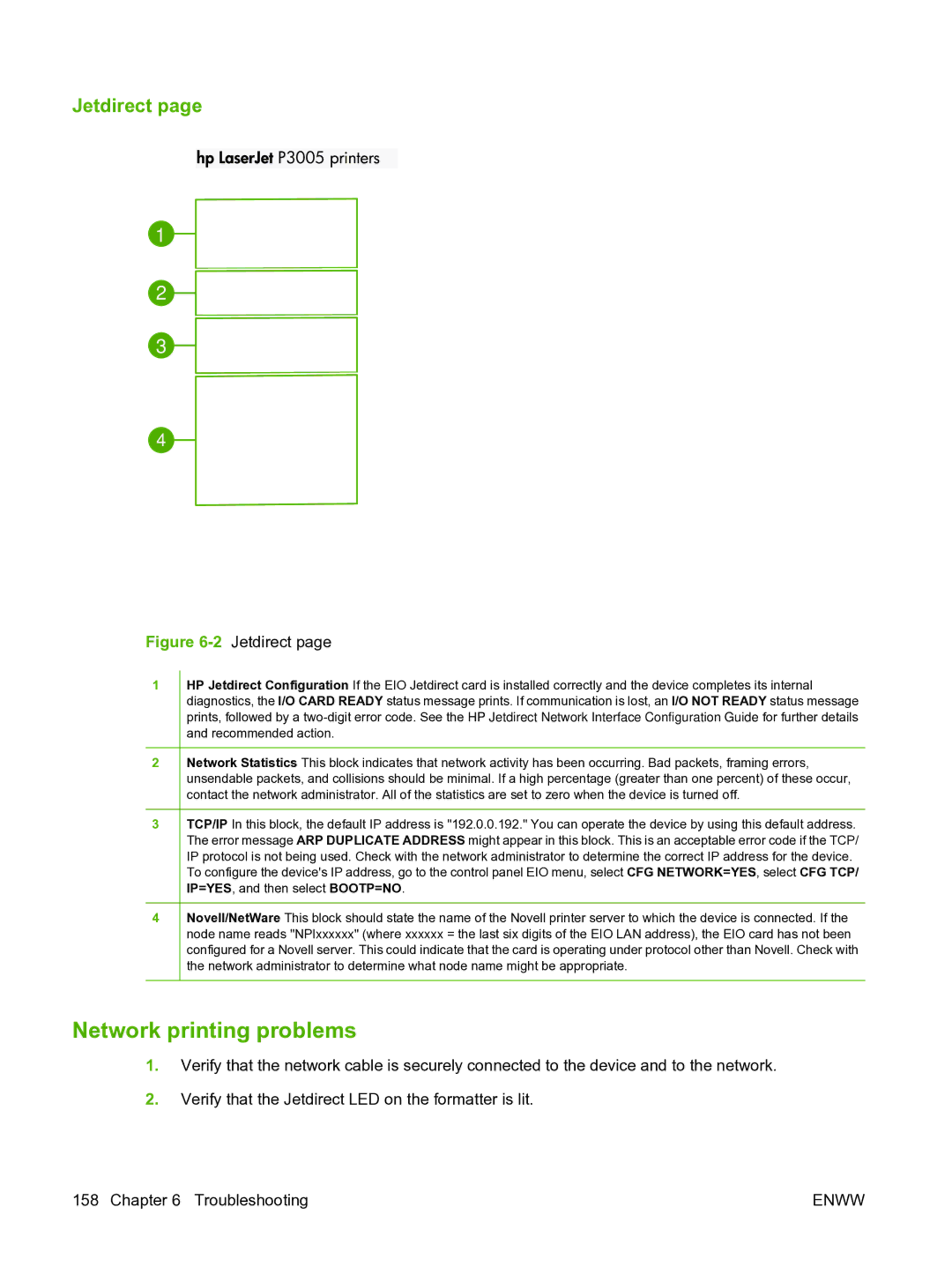 HP P3005 manual Network printing problems, Jetdirect 