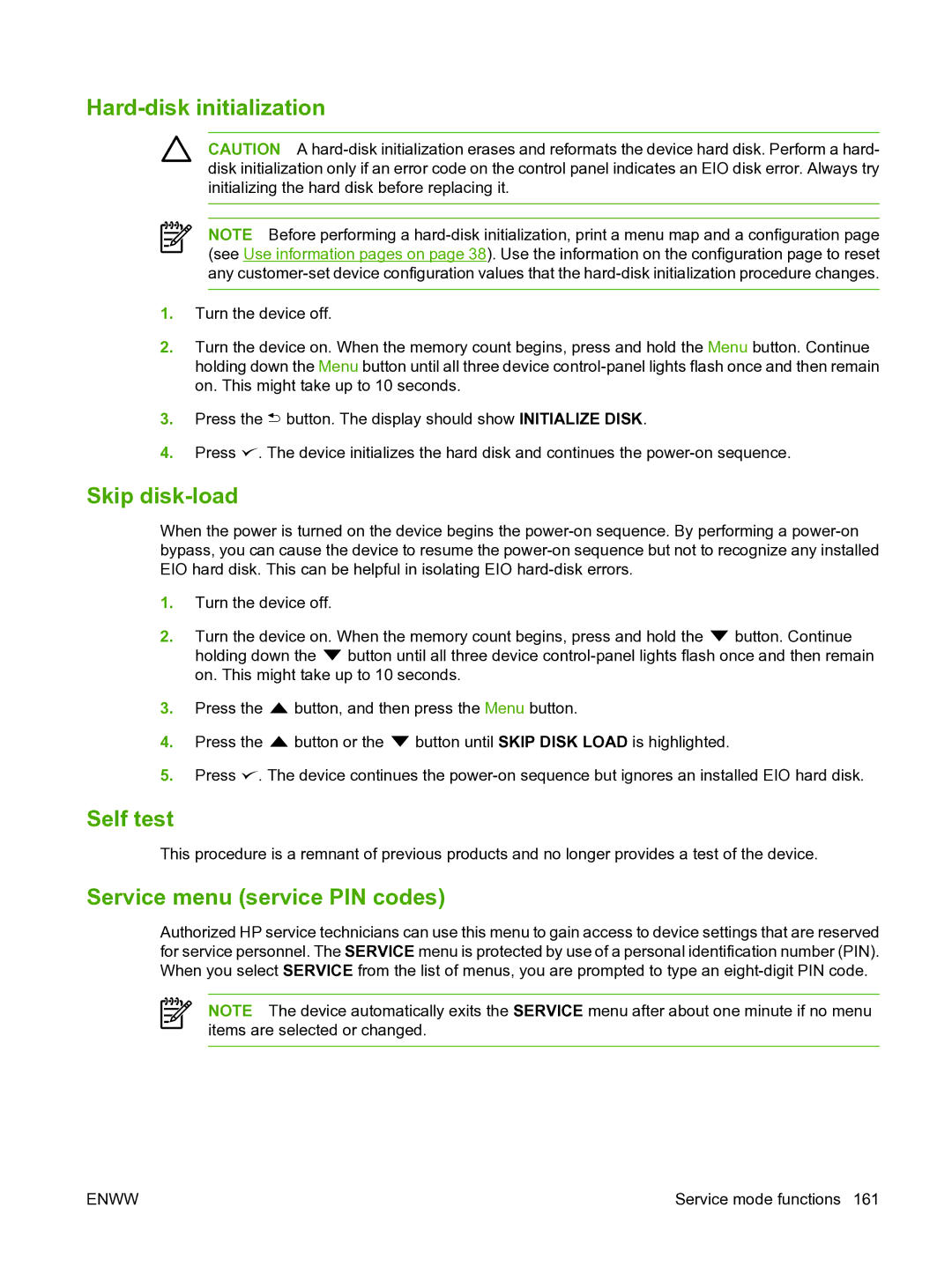 HP P3005 manual Hard-disk initialization, Skip disk-load, Self test, Service menu service PIN codes 