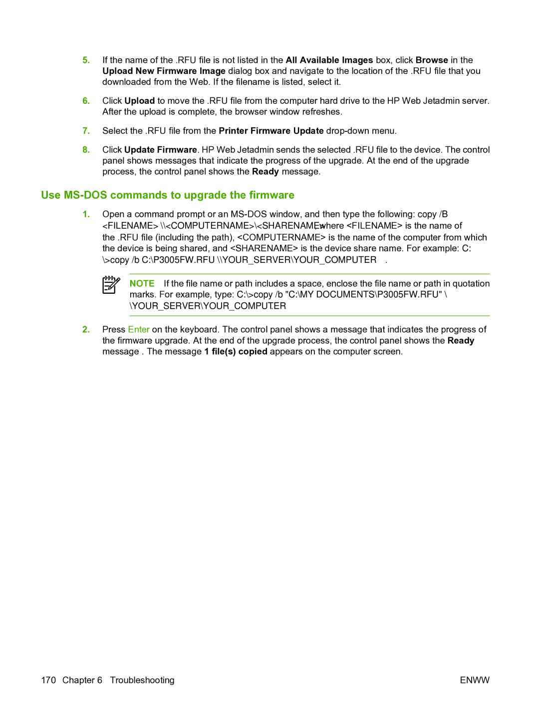 HP P3005 manual Use MS-DOS commands to upgrade the firmware, Yourserver\Yourcomputer 