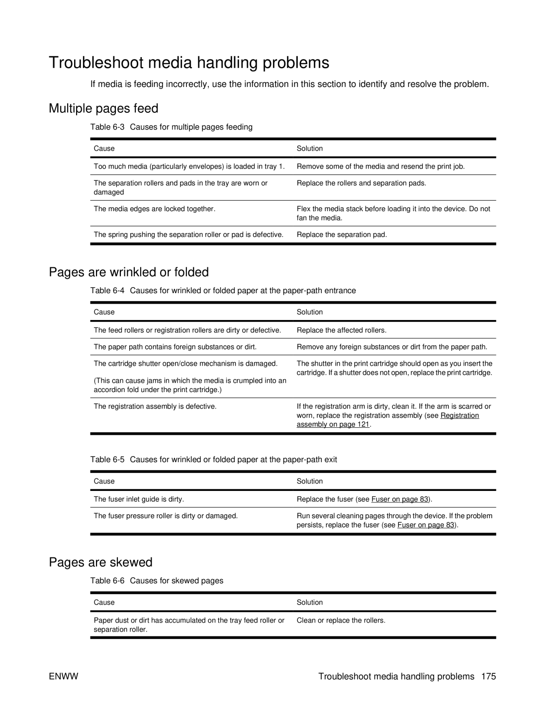 HP P3005 manual Troubleshoot media handling problems, Multiple pages feed, Pages are wrinkled or folded, Pages are skewed 