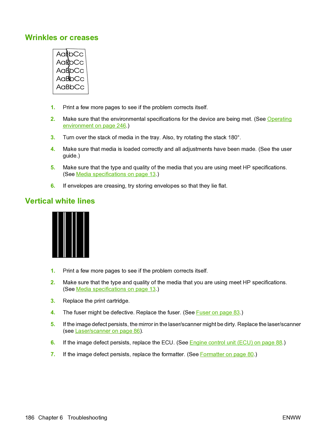 HP P3005 manual Wrinkles or creases, Vertical white lines 