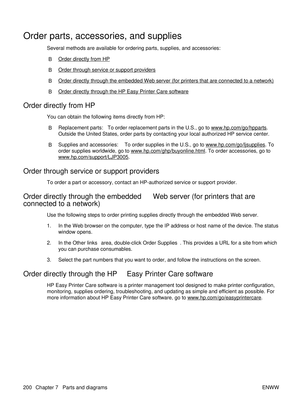 HP P3005 manual Order parts, accessories, and supplies, Order directly from HP, Order through service or support providers 