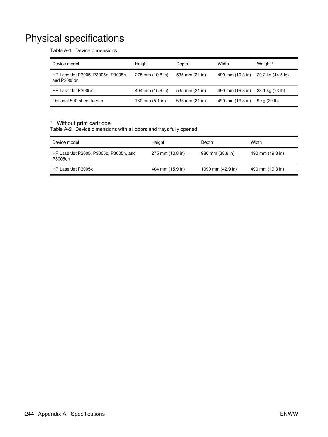 HP P3005 manual Physical specifications, Table A-1Device dimensions, Device model Height Depth Width Weight 