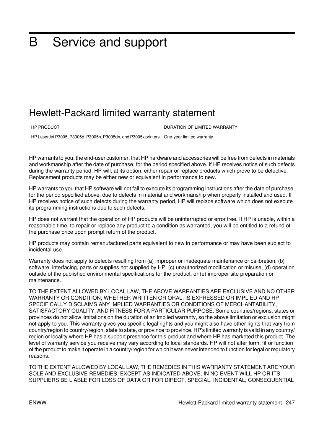 HP P3005 manual Service and support, Hewlett-Packard limited warranty statement 