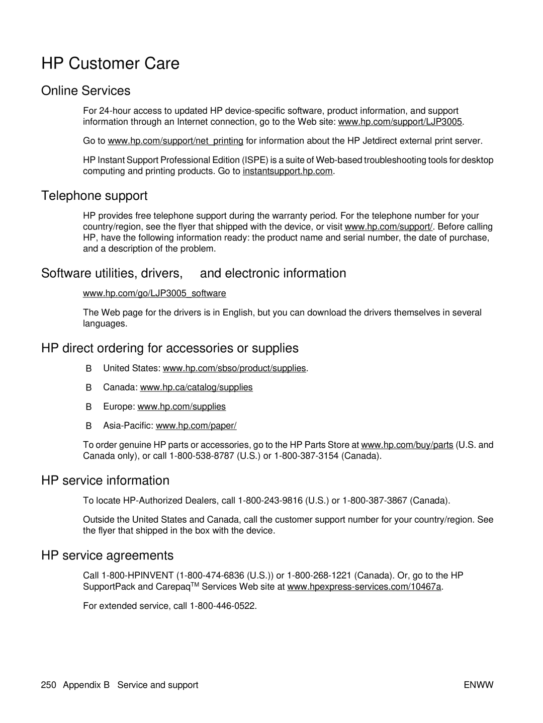 HP P3005 manual HP Customer Care, Online Services, HP service agreements 