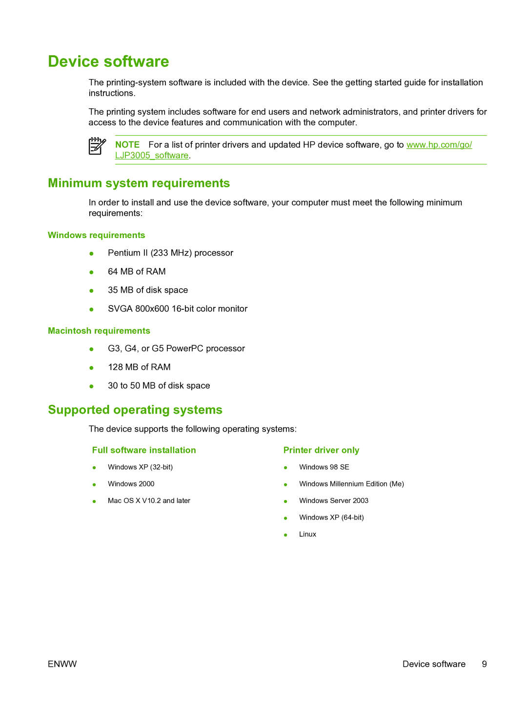 HP P3005 manual Device software, Minimum system requirements, Supported operating systems 