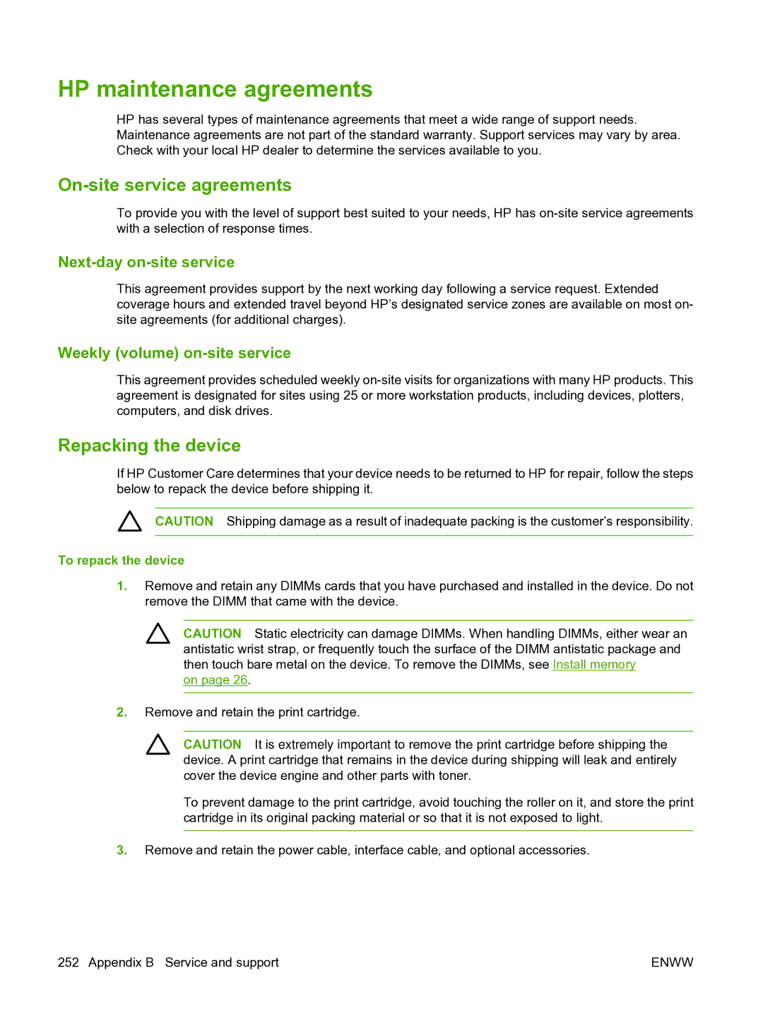 HP P3005 manual HP maintenance agreements, On-site service agreements, Repacking the device, Next-day on-site service 