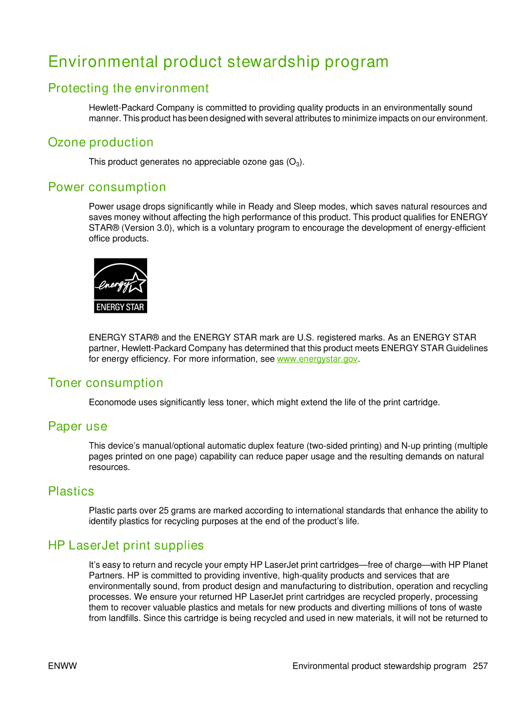 HP P3005 manual Environmental product stewardship program 