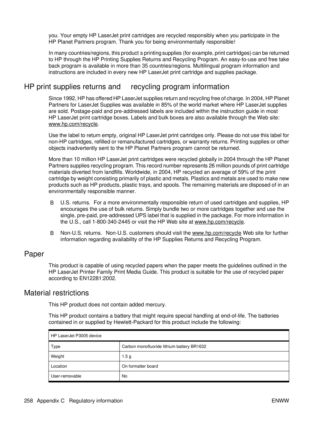 HP P3005 manual HP print supplies returns and recycling program information, Paper, Material restrictions 