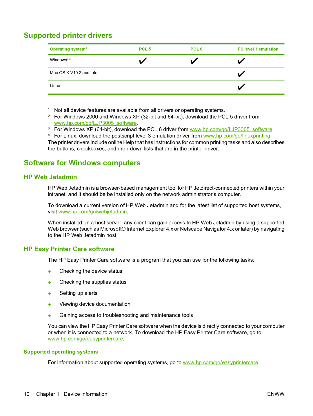 HP P3005 manual Supported printer drivers, Software for Windows computers, HP Web Jetadmin, HP Easy Printer Care software 