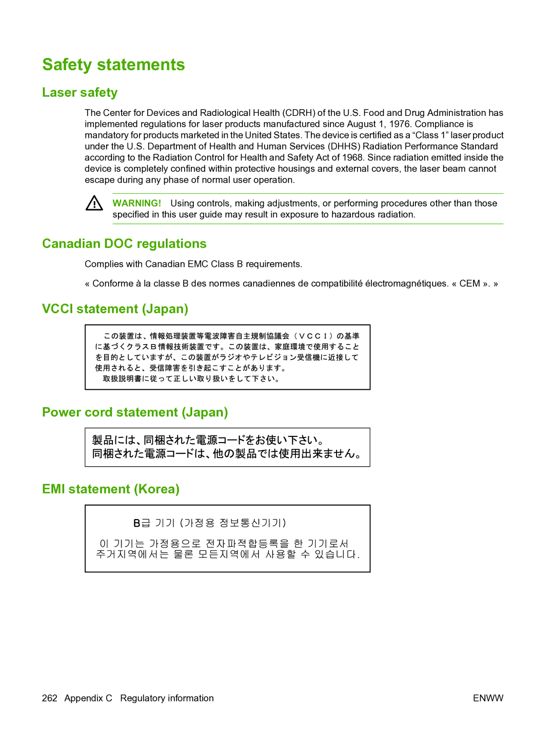 HP P3005 manual Safety statements, Laser safety, Canadian DOC regulations 