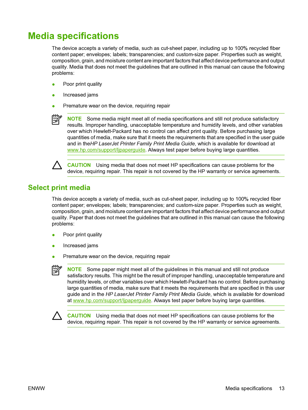 HP P3005 manual Media specifications, Select print media 