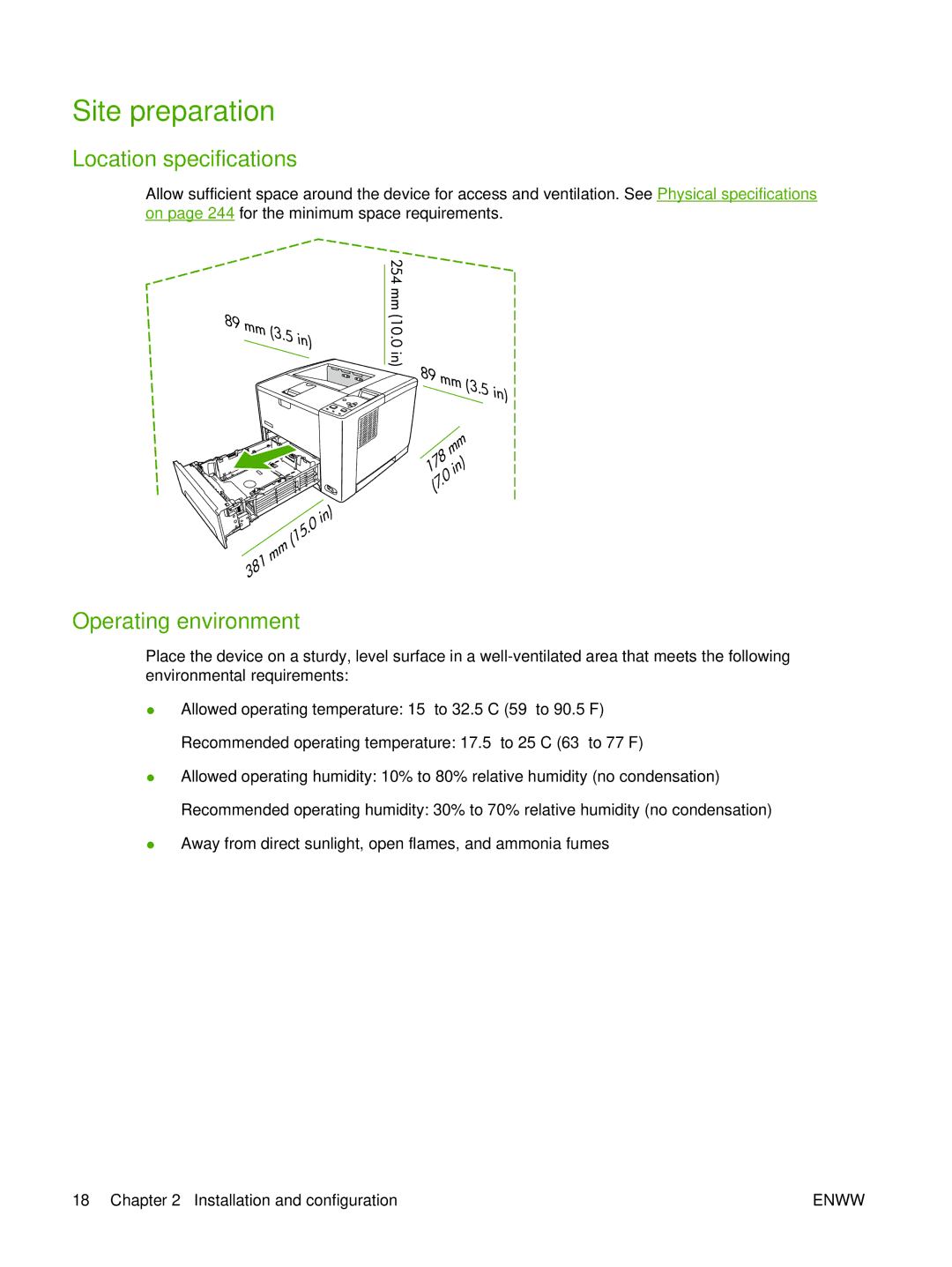 HP P3005 manual Site preparation, Location specifications, Operating environment 