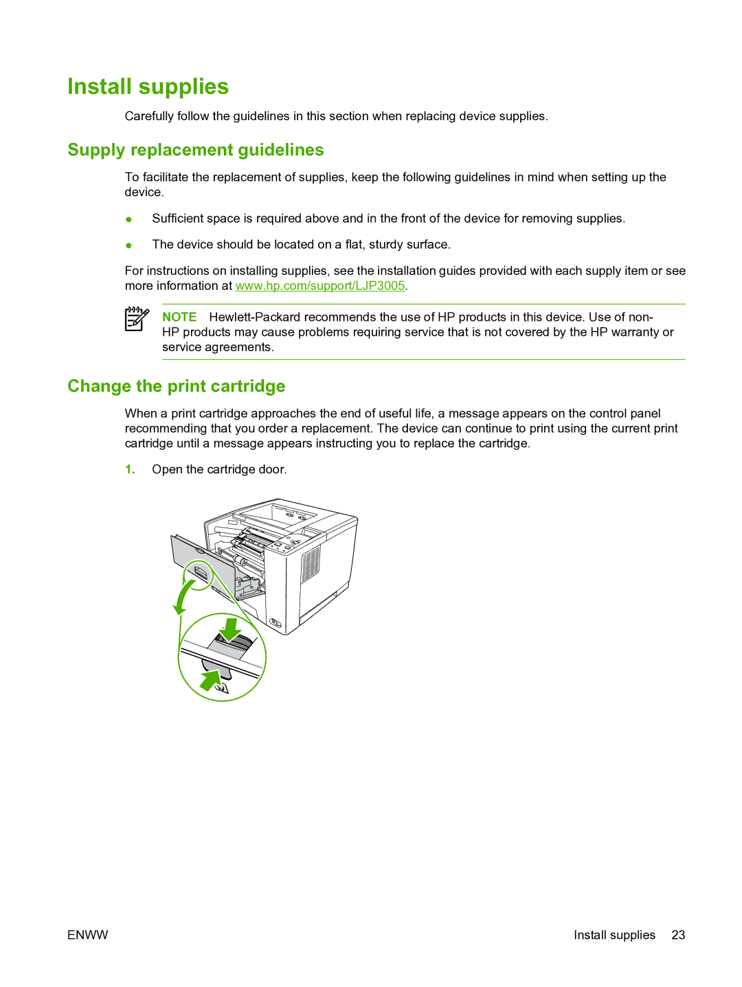 HP P3005 manual Install supplies, Supply replacement guidelines, Change the print cartridge 