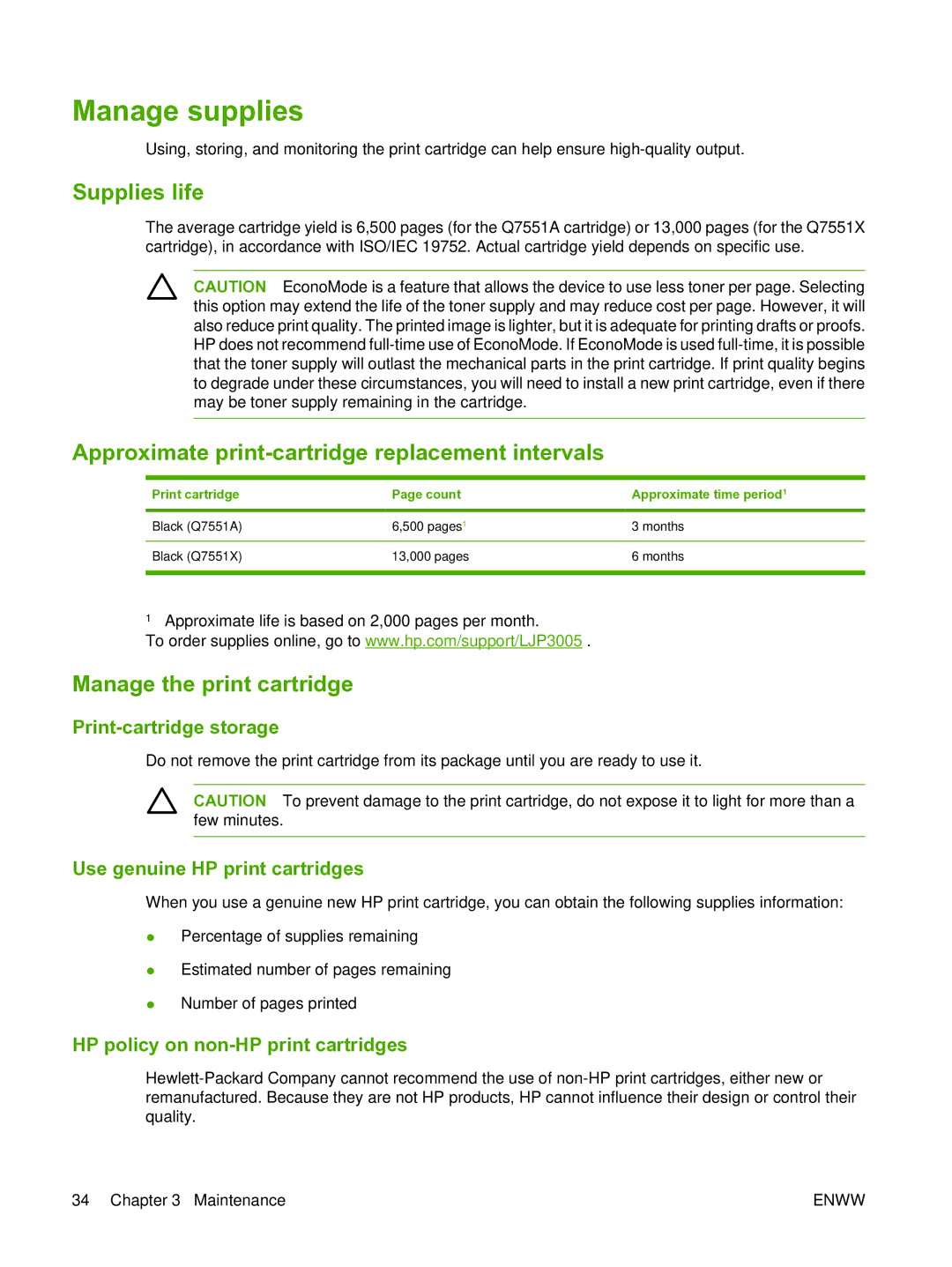 HP P3005 Manage supplies, Supplies life, Approximate print-cartridge replacement intervals, Manage the print cartridge 