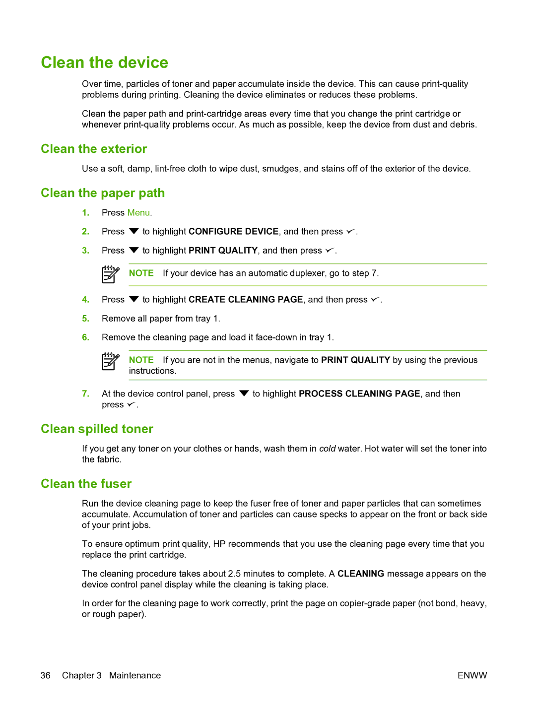 HP P3005 manual Clean the device, Clean the exterior, Clean the paper path, Clean spilled toner, Clean the fuser 