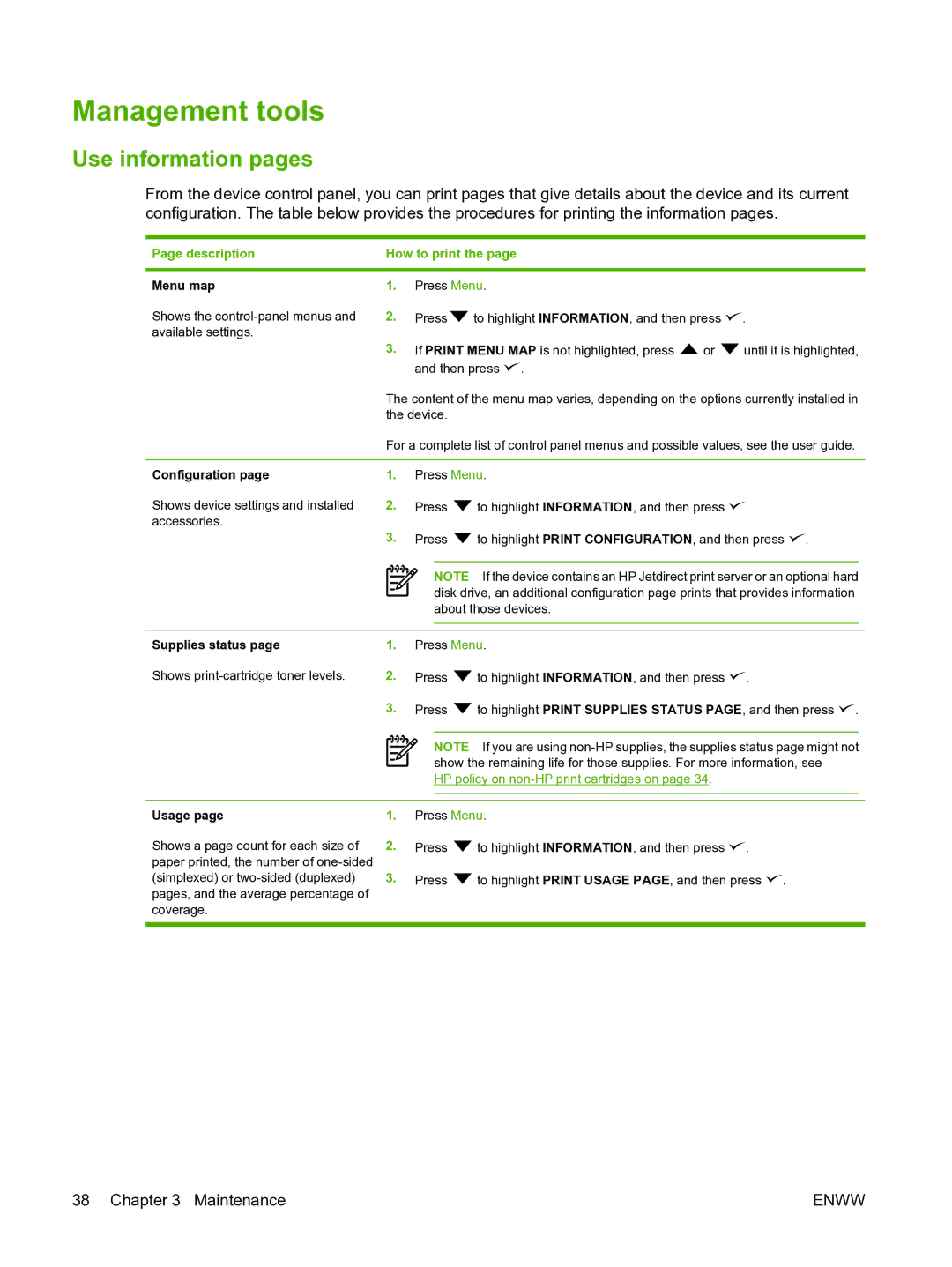 HP P3005 manual Management tools, Use information pages, Description How to print 