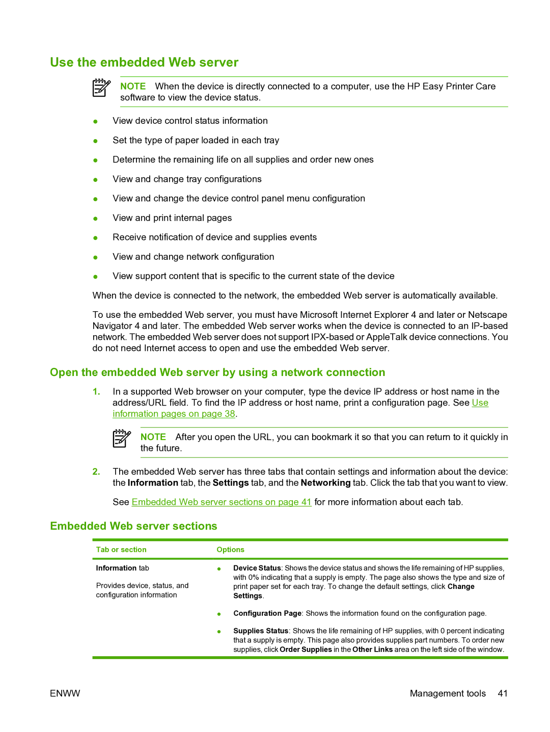 HP P3005 Use the embedded Web server, Open the embedded Web server by using a network connection, Tab or section Options 