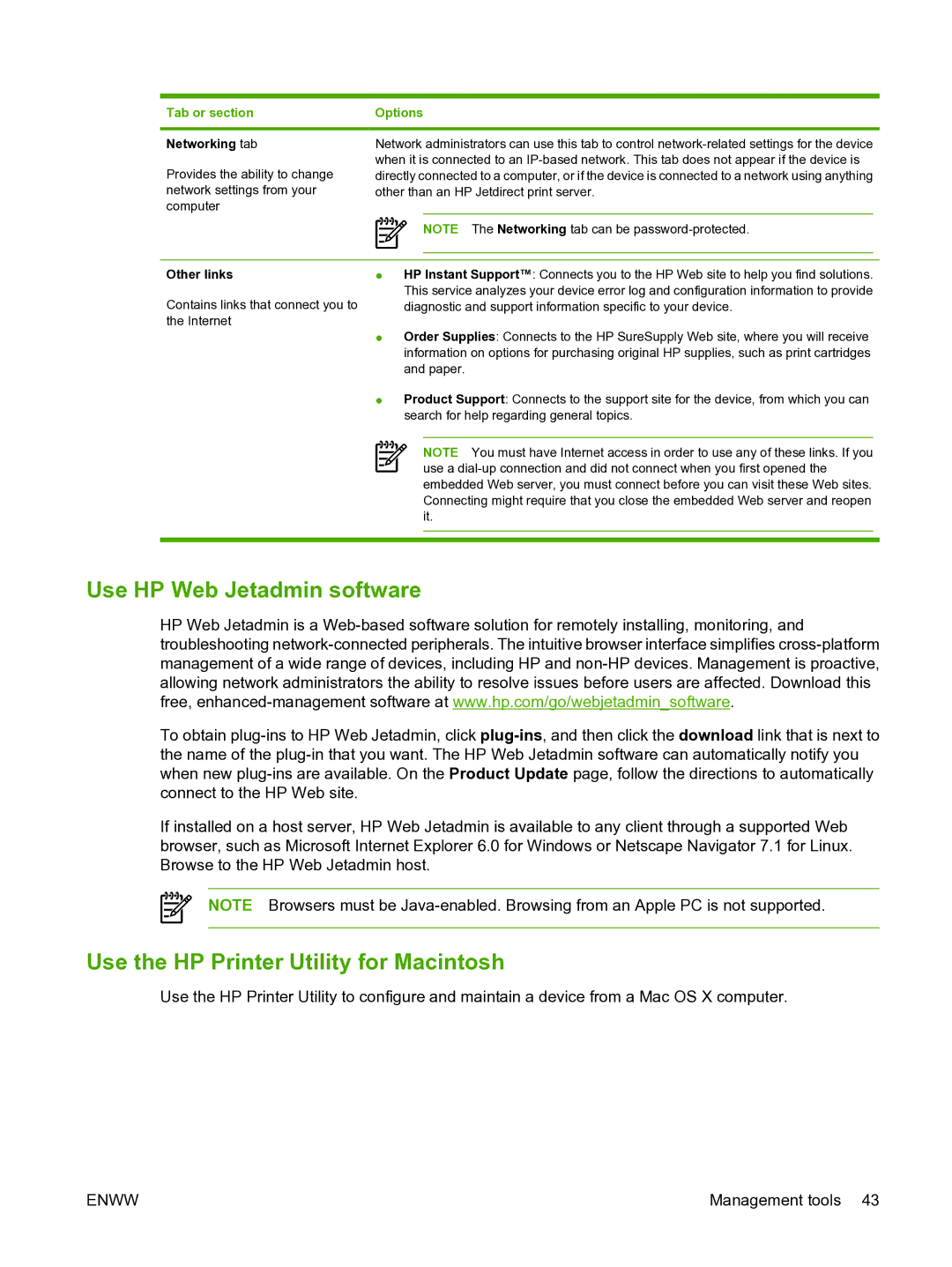 HP P3005 manual Use HP Web Jetadmin software, Use the HP Printer Utility for Macintosh, Tab or section, Networking tab 