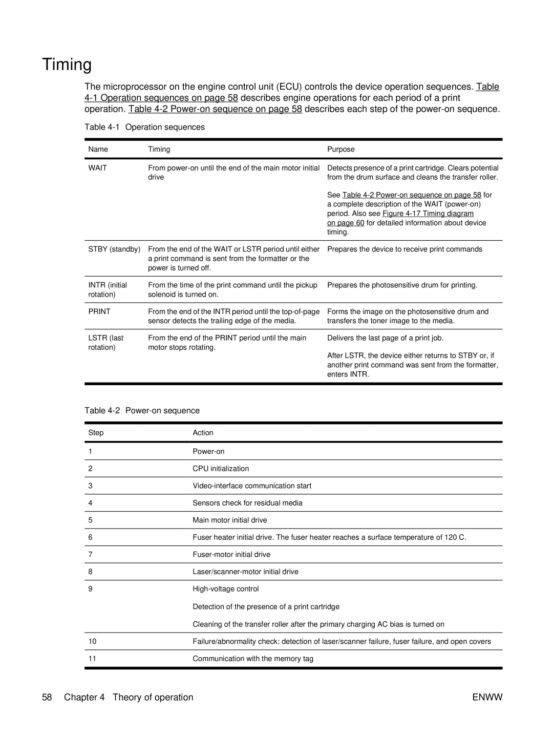 HP P3005 manual 1Operation sequences, 2Power-on sequence, Name Timing Purpose, Step Action 