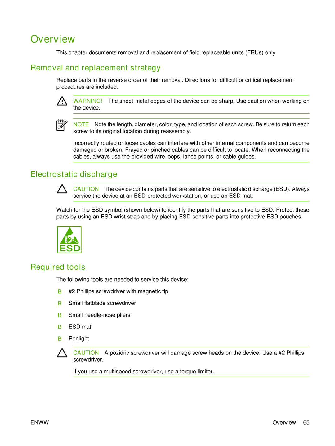 HP P3005 manual Overview, Removal and replacement strategy, Electrostatic discharge, Required tools 