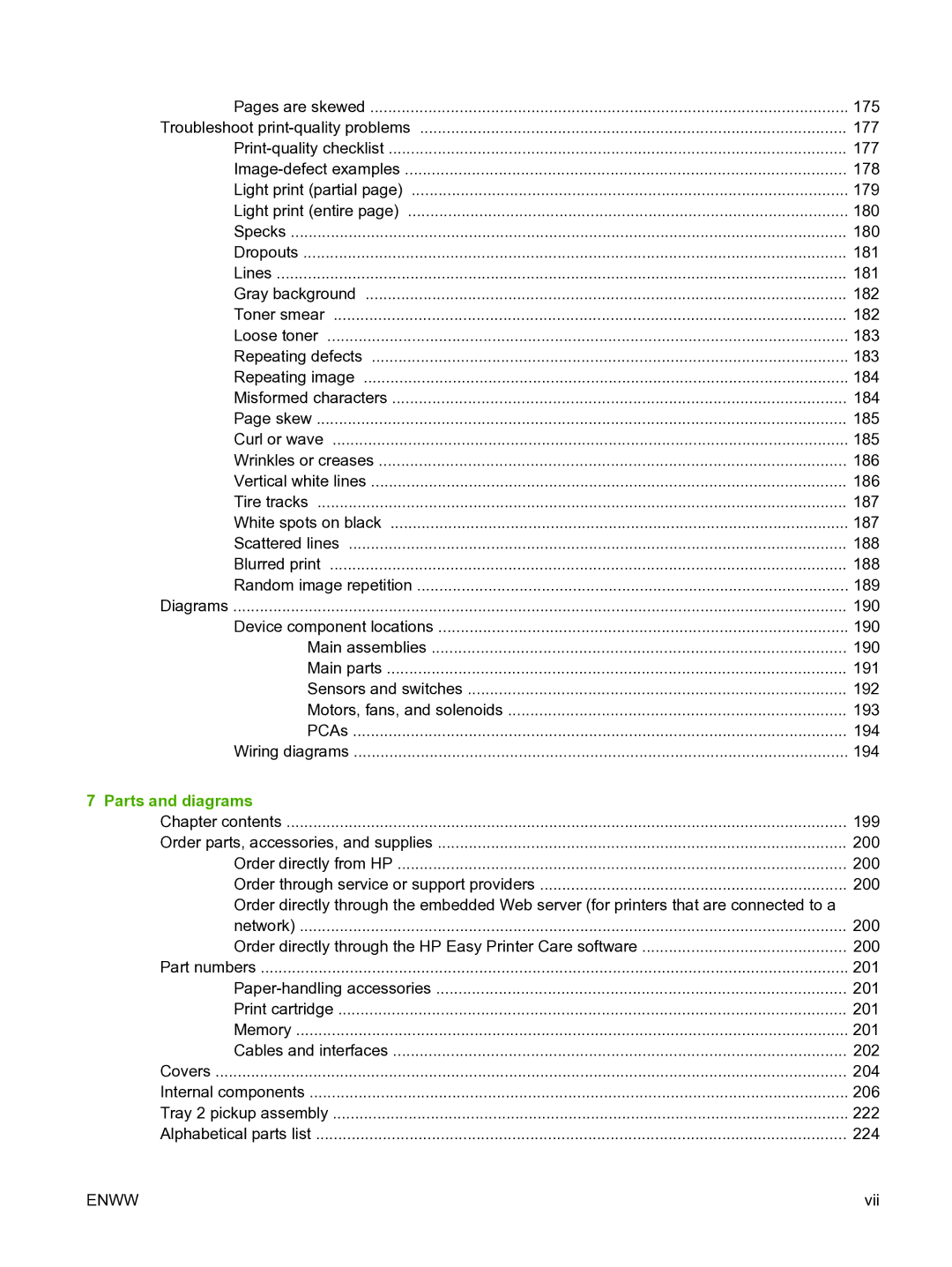 HP P3005 Pages are skewed, Print-quality checklist, Image-defect examples, Light print partial, Light print entire, Specks 