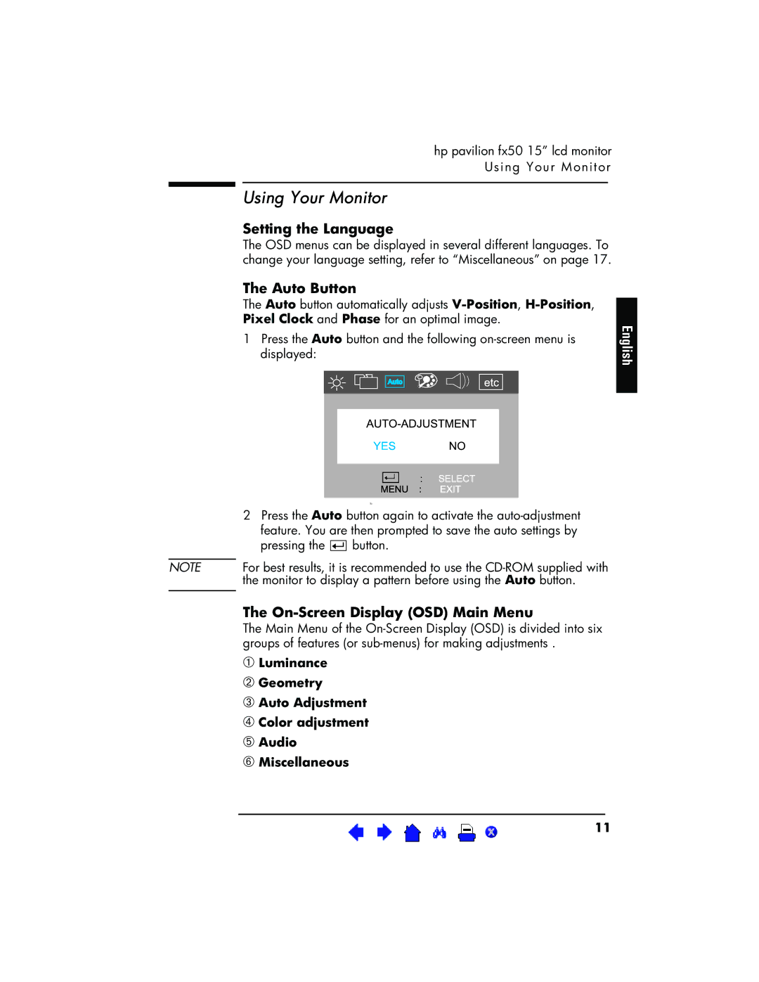 HP P3901 manual Using Your Monitor, Setting the Language, Auto Button, On-Screen Display OSD Main Menu 