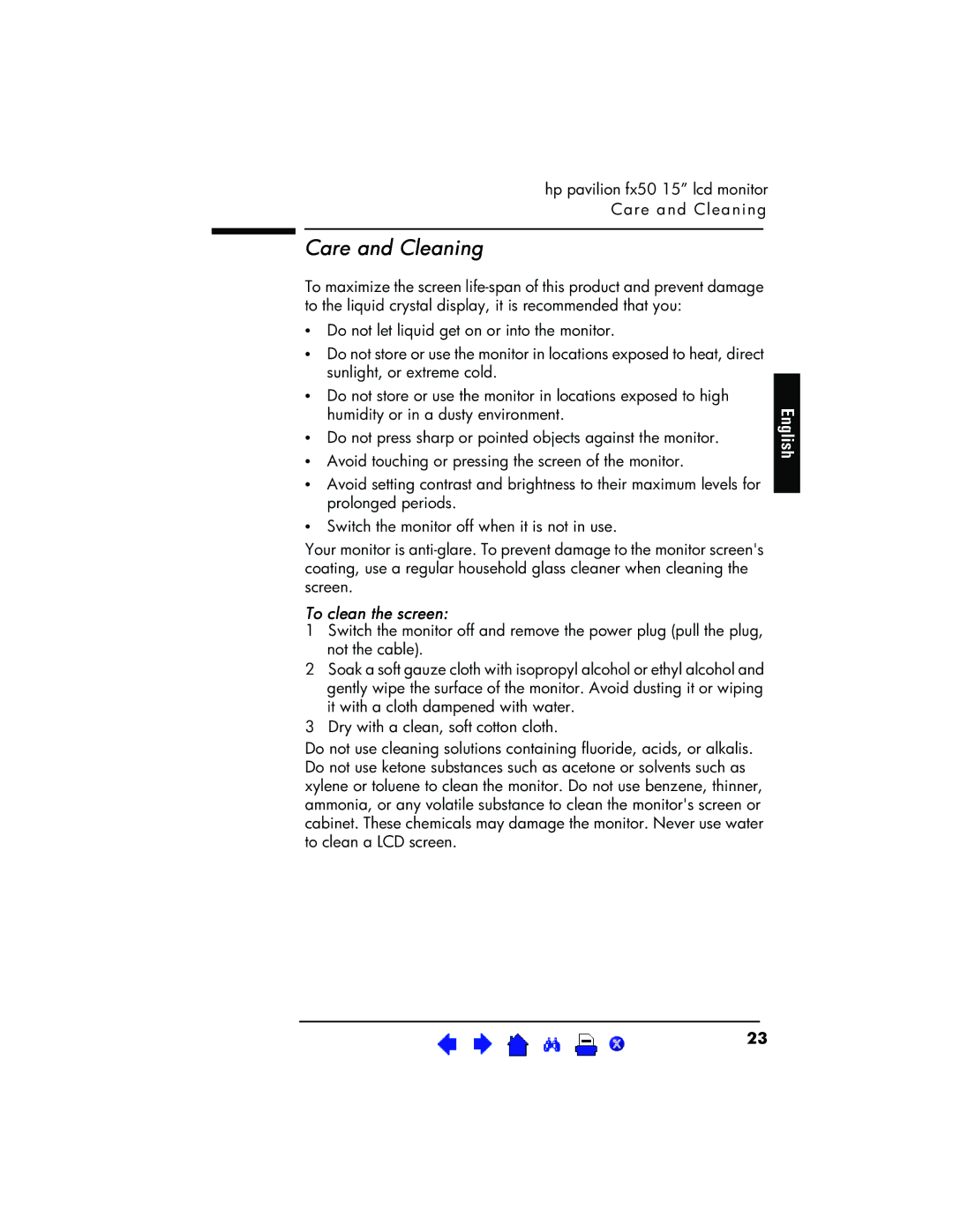 HP P3901 manual Care and Cleaning, To clean the screen 