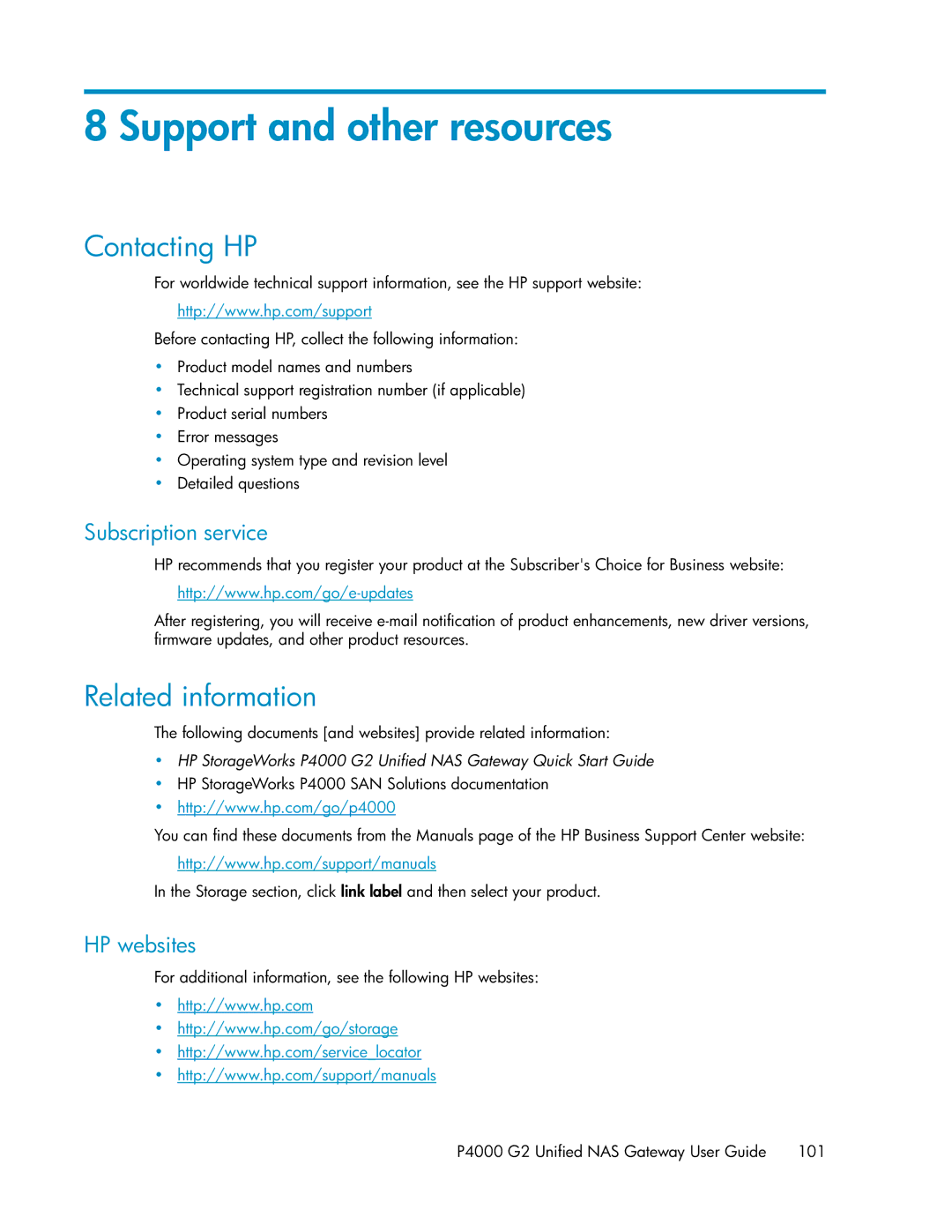 HP P4000 G2 manual Support and other resources, Contacting HP, Related information, Subscription service, HP websites 