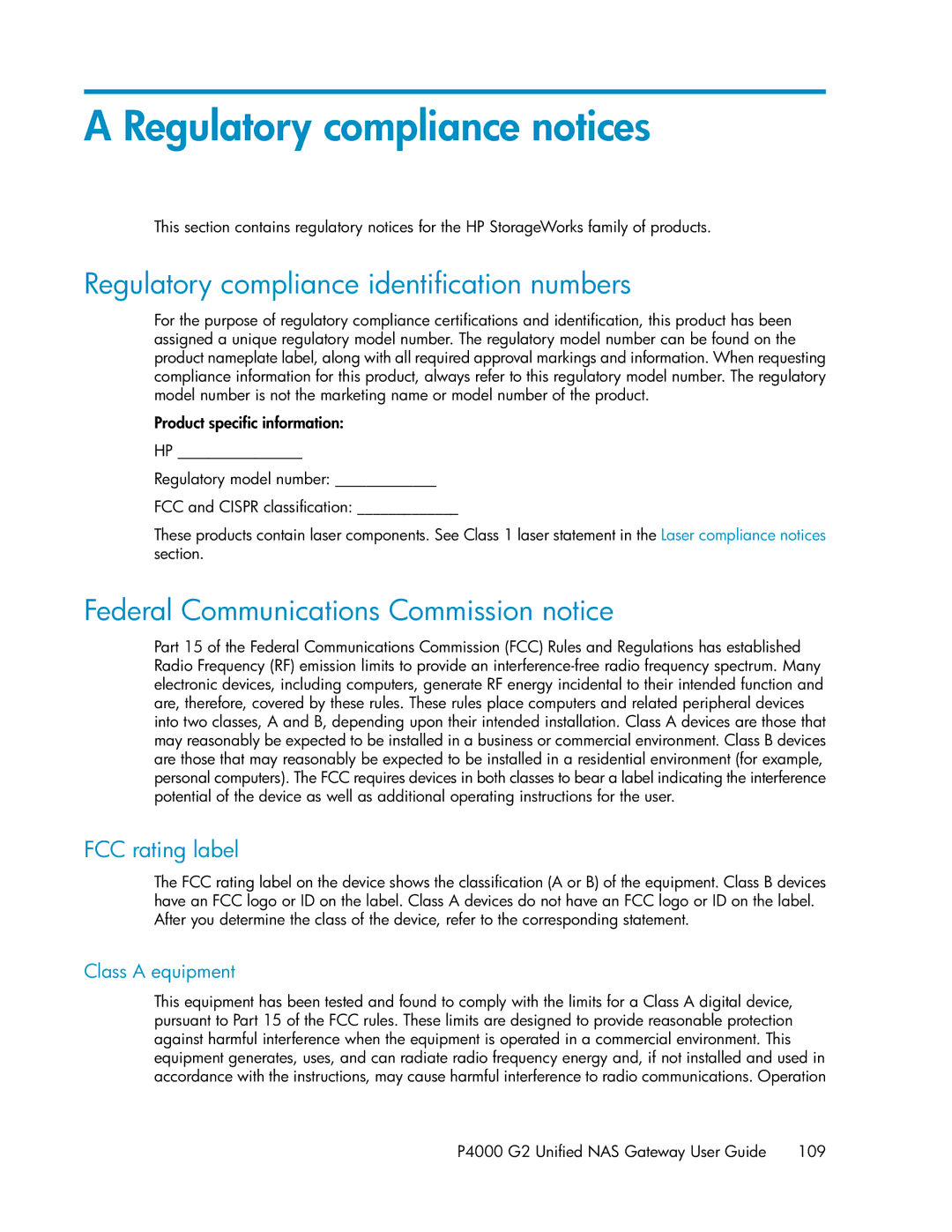 HP P4000 G2 manual Regulatory compliance notices, Regulatory compliance identification numbers, FCC rating label 