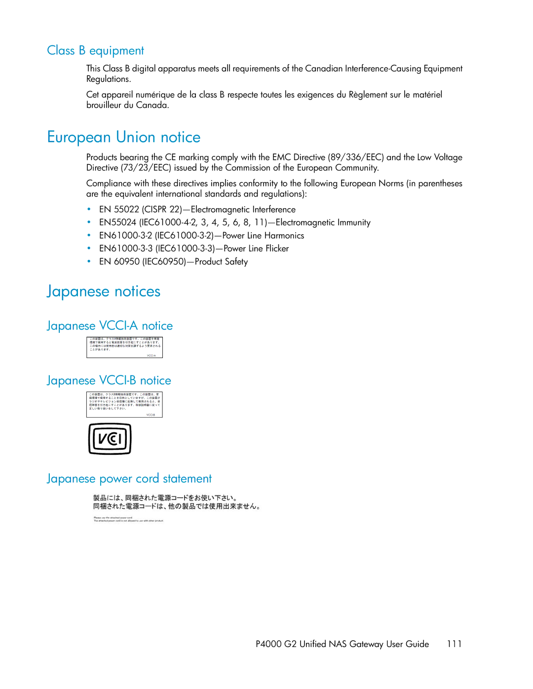 HP P4000 G2 manual European Union notice, Japanese notices, Class B equipment 