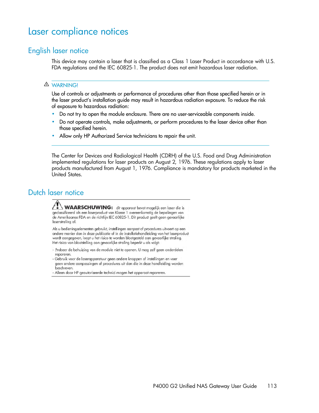 HP P4000 G2 manual Laser compliance notices, English laser notice, Dutch laser notice 