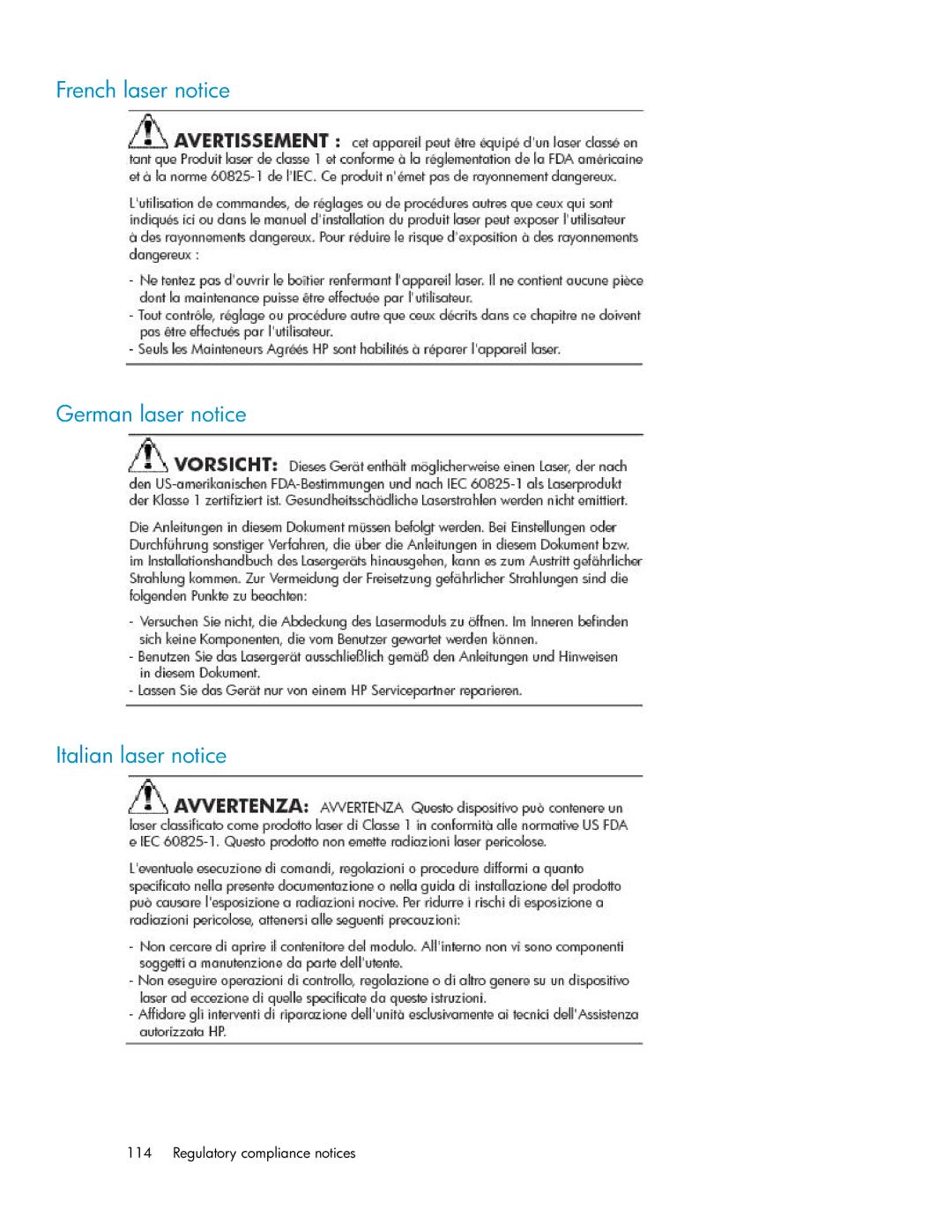 HP P4000 G2 manual French laser notice German laser notice Italian laser notice 