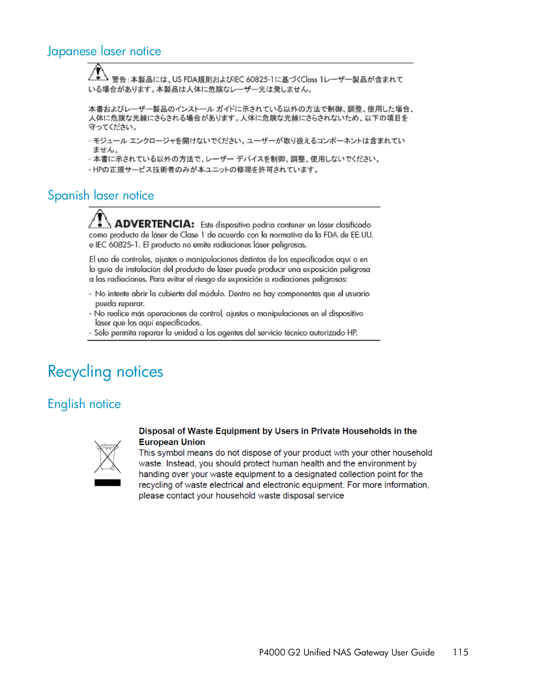 HP P4000 G2 manual Recycling notices, Japanese laser notice Spanish laser notice, English notice 