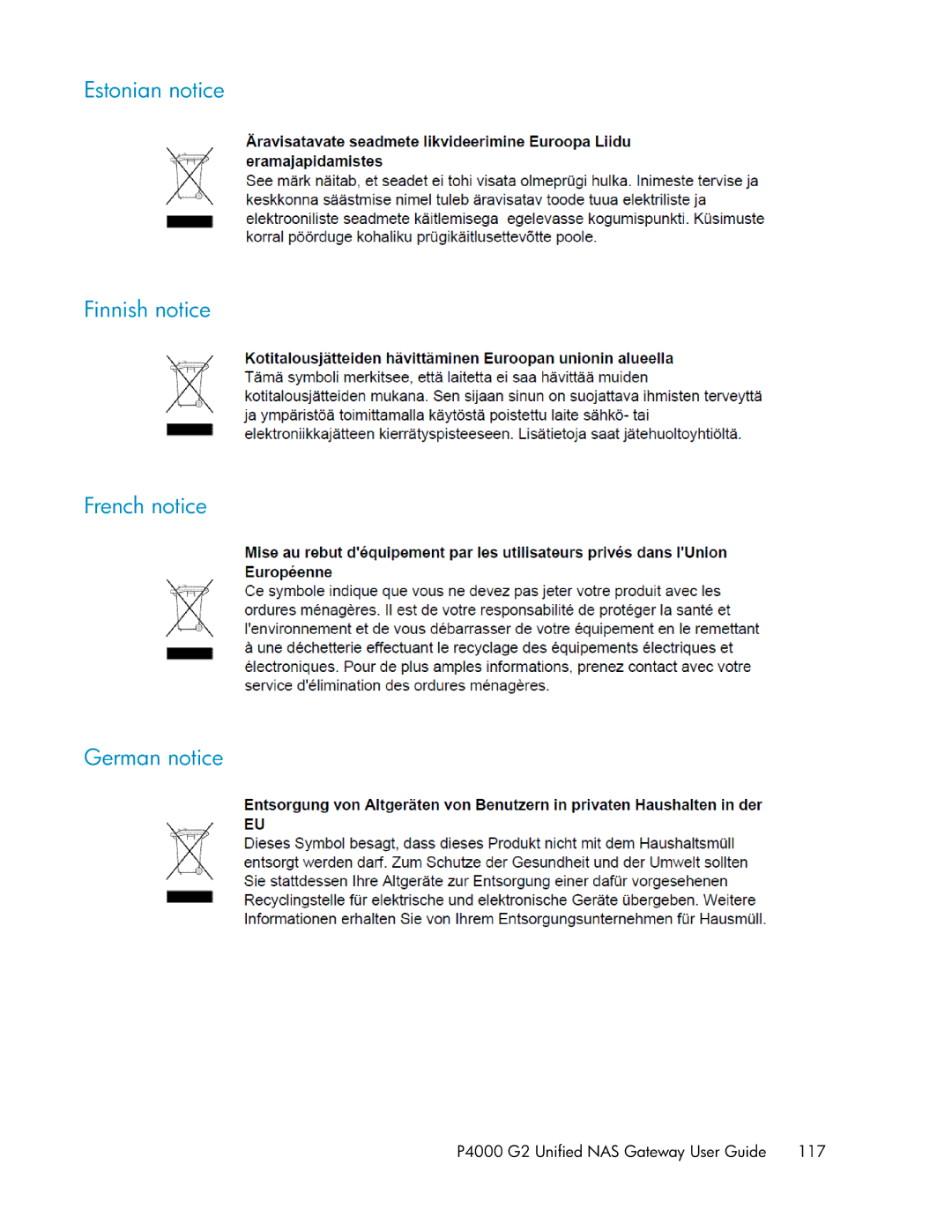 HP P4000 G2 manual Estonian notice Finnish notice French notice German notice 