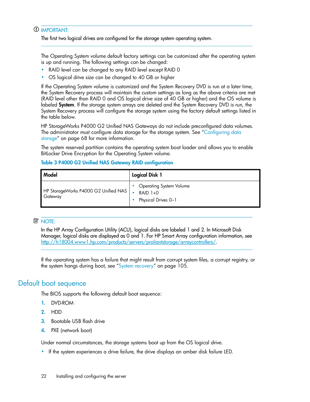 HP manual Default boot sequence, P4000 G2 Unified NAS Gateway RAID configuration 