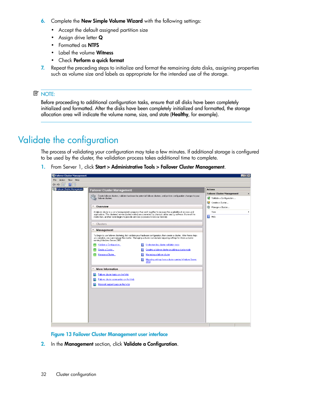 HP P4000 G2 manual Validate the configuration, Failover Cluster Management user interface 